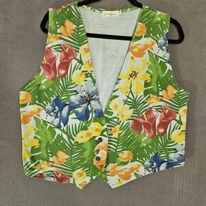 Vintage 90s Cotton Vest Tropical Floral Button Up Colorful Boho Lagenlook Large